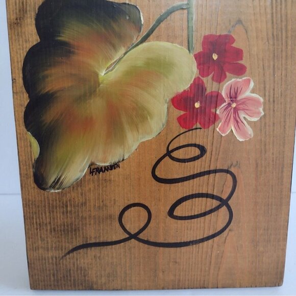 Vintage 70s Signed Fransen Handpainted Wood Board Wall Hanging Geraniums Floral - Picture 4 of 9